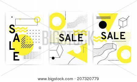 Universal posters collection with bright bold geometric yellow elements, chaotic composition in restrained sustained tempered style. Easy editable clipping mask. Magazine, leaflet, ad, typography, print