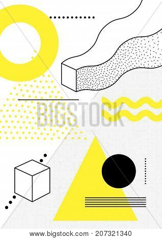 Universal trend poster with bright bold geometric yellow elements, chaotic composition in restrained sustained tempered style. Easy editable clipping mask. Magazine, leaflet, ad, typography, print