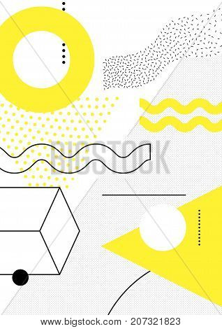 Universal trend poster with bright bold geometric yellow elements, chaotic composition in restrained sustained tempered style. Easy editable clipping mask. Magazine, leaflet, ad, typography, print