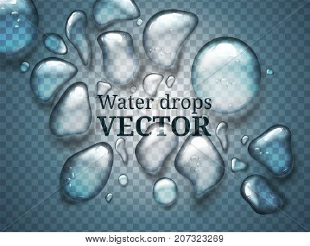 Realistic drops of water, liquid on blue transparent background with transparency effect. Drops can be applied on any color background or object