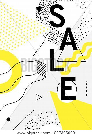 Universal trend poster with bright bold geometric yellow elements, chaotic composition in restrained sustained tempered style. Easy editable clipping mask. Magazine, leaflet, ad, typography, print