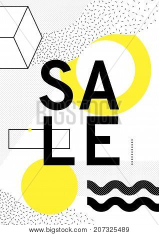 Universal trend poster with bright bold geometric yellow elements, chaotic composition in restrained sustained tempered style. Easy editable clipping mask. Magazine, leaflet, ad, typography, print