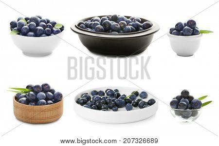 Collage of acai berries in different dishware on white background