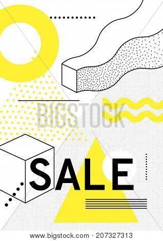Universal trend poster with bright bold geometric yellow elements, chaotic composition in restrained sustained tempered style. Easy editable clipping mask. Magazine, leaflet, ad, typography, print