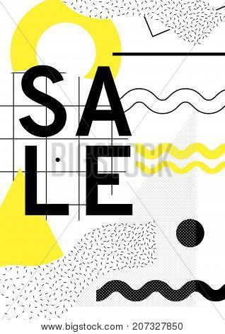 Universal trend poster with bright bold geometric yellow elements, chaotic composition in restrained sustained tempered style. Easy editable clipping mask. Magazine, leaflet, ad, typography, print