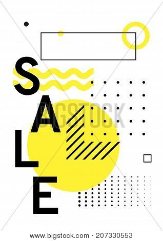 Universal trend poster with bright bold geometric yellow elements, chaotic composition in restrained sustained tempered style. Easy editable clipping mask. Magazine, leaflet, ad, typography, print