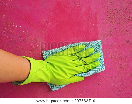 Close up of woman hand cleaning mold fungus in Protective Gear. Cleaning and hygiene in the house concept, copy space