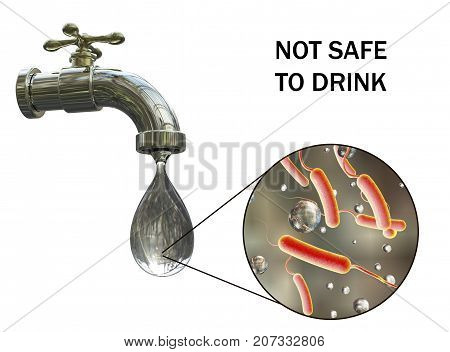 Safety of drinking water concept, 3D illustration showing tap with dirty water and close-up view of water-borne microbes