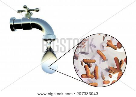 Safety of drinking water concept, 3D illustration showing tap with dirty water and close-up view of water-borne microbes