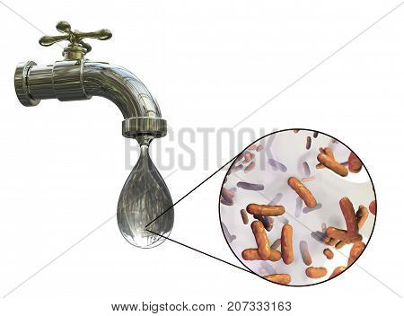 Safety of drinking water concept, 3D illustration showing tap with dirty water and close-up view of water-borne microbes