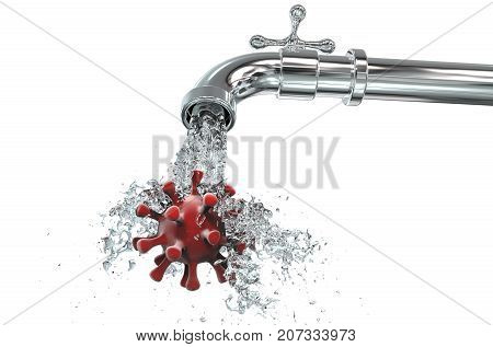 Safety of drinking water concept, 3D illustration showing tap water contaminated with virus