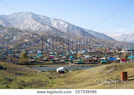 View of rural locality Onguday, Republic Altai Mountains, Russia.