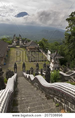 Temple Pura Lempuyang and view of a volcano Agung. Bali. Indonesia