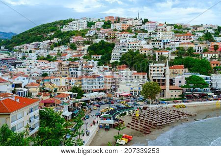 ULCINJ MONTENEGRO - SEPTEMBER 9. 2017: Top view of popular resort town of Ulcinj Montenegro