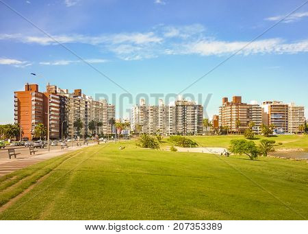 MONTEVIDEO, URUGUAY, JANUARY - 2016 - Waterfront modern apartment buildings and park at buceo neighboorhod Montevideo Uruguay