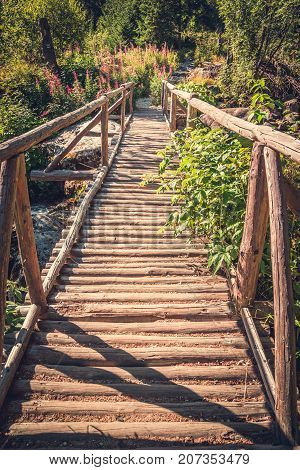 Old Wooden Bridge in Forest in Velicka Valley Leading to Gerlachovsky Peak High Tatras Slovakia