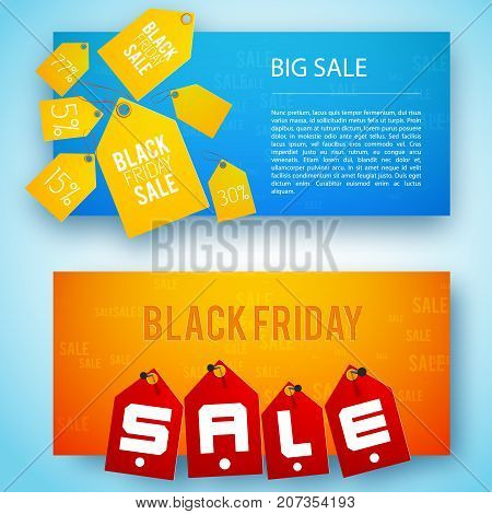Two horizontal sale tags banner set with big sale and black friay descriptions vector illustration