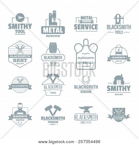 Blacksmith metal logo icons set. Simple illustration of 16 blacksmith metal logo vector icons for web