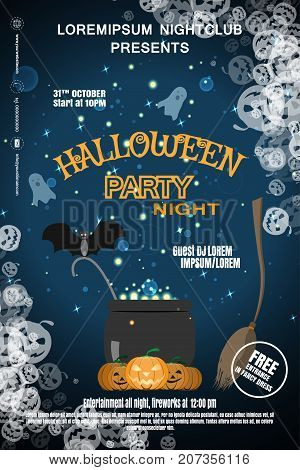 Vector poster for Halloween party night with group of witches magic cauldron with sparkles text on the gradient dark blue background with silhouettes of pumpkin.