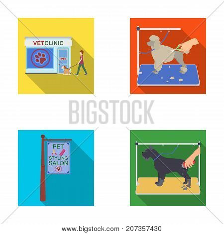 Visiting a vet clinic, a signboard of a stylish salon for a pet, a haircut of dogs. Vet clinic and pet, dog care set collection icons in flat style vector symbol stock illustration .