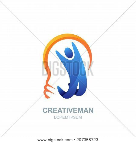Vector Human Logo, Icon Design. Man And Light Bulb. Concept For Business, Creativity, Innovation, Co