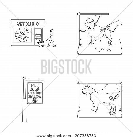 Visiting a vet clinic, a signboard of a stylish salon for a pet, a haircut of dogs. Vet clinic and pet, dog care set collection icons in outline style vector symbol stock illustration .
