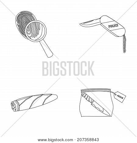 A fingerprint study, a folding knife, a cigar detective, a crime weapon tool in the package. Crime and detective set collection icons in outline style vector symbol stock illustration .
