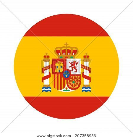 Round shape flag of Spain with the coat of arms in flat style, Spanish language icon for app and web, vector illustration isolated on white background
