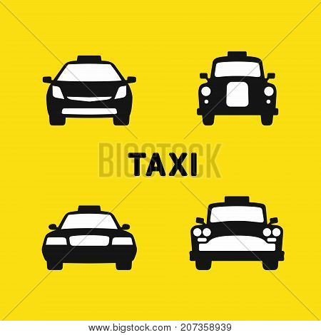 Taxi various times, old and modern taxi cab, front silhouette icons set, vector illustration