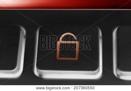Macro Of A Black Button With Red Opened Security Lock Icon And Backlight