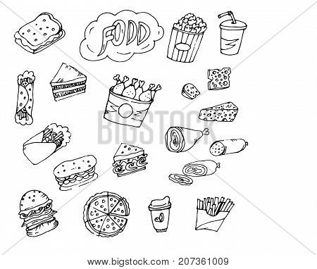 Doodle food fries, chicken, Shawarma, sandwiches, lavash rolls, meat, sausages, pieces of cheese, drink coffee