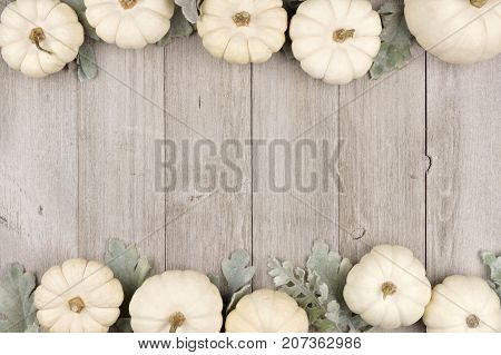 Autumn Double Border Of White Pumpkins And Silver Leaves Over A Rustic Light Gray Wood Background