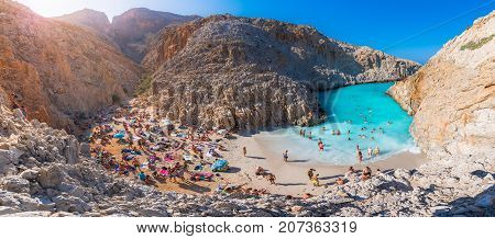 Seitan limania or Agiou Stefanou, the heavenly beach with turquoise water. Chania, Akrotiri, Crete, Greece on August 15, 2017.