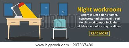 Night workroom banner horizontal concept. Flat illustration of night workroom banner horizontal vector concept for web design
