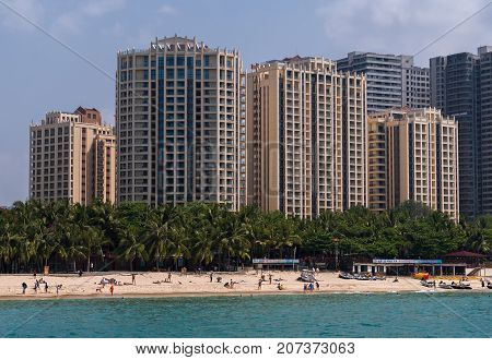 Sanya, China - April 03, 2017: Hotels on Dadonghai Beach on the tourist island of Hainan
