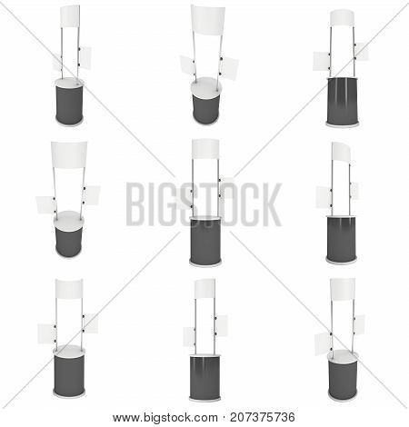 Stall or Kiosk Modern Promostand Reception Desk. Trade show booth white and blank. 3d render illustration isolated on white background. Template mockup for your expo design.