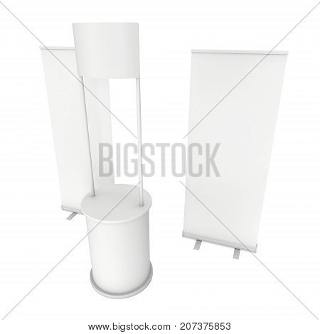 Stall or Kiosk Modern Promostand Reception Desk with roll up. Trade show booth white and blank. 3d render illustration isolated on white background. Template mockup for your expo design.