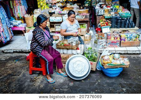 Bali, Indonesia - August 30, 2013: Pasar Kumbasari Morning market, flowers, fruit and vegetable market. Ubud, Bali, Indonesia