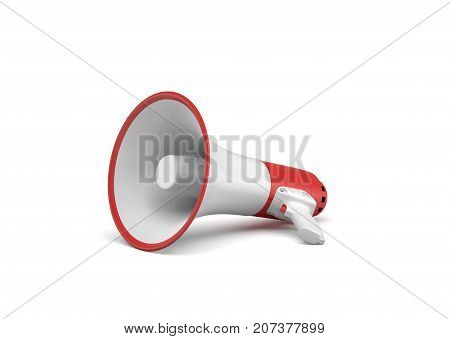 3d rendering of a single red and white megaphone lying in side view on white surface. Public speaking equipment. Spokesperson. Demonstrations.