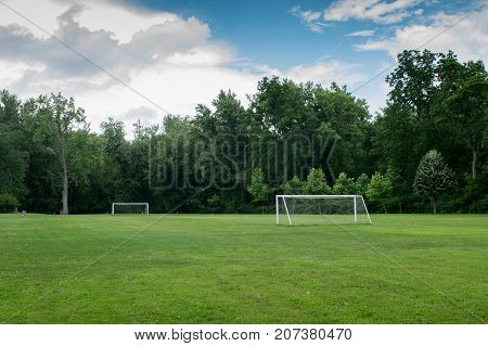 A soccer or Asian football playing field with goal nets.