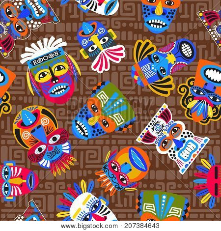 Brown tribal seamless pattern with masks and geometric stylezed spirals, vector illustration