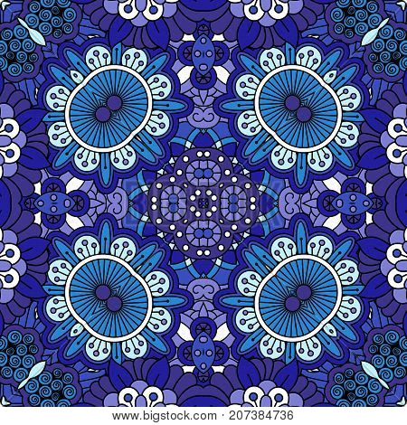Floral ethnic decorative doolde background in blue colors. Vector illustration