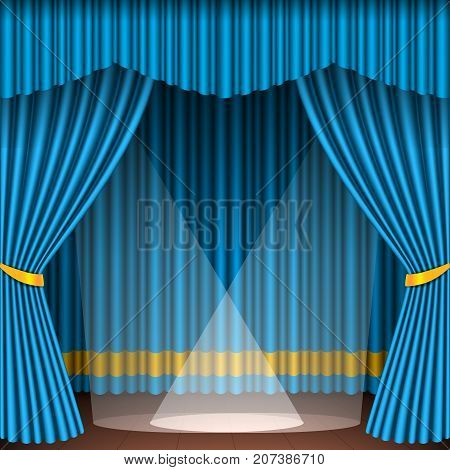 Theater stage with blue curtains and spotlights theatrical scene in light searchlights interior old opera performance background vector illustration. Classical theatre entertainment stage.