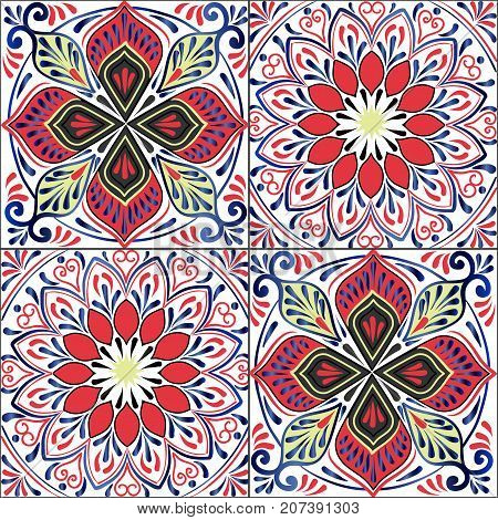 Colorful floral seamless pattern from squares with mandala in patchwork boho chic style in portuguese and moroccan motif