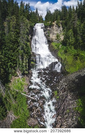 Drone image of popular Canadian waterfall on Callaghan Road off Sea to Sky Highway