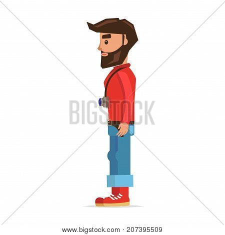 Bearded man with camera cartoon character. Young male in rolled up jeans and red boots with photo camera on neck isolated flat vector. Smiling hipster tourist standing in profile illustration
