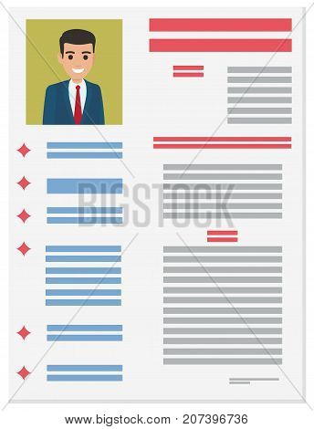 Resume with detailed information about executive manager in suit vector illustration. Job application form of businessman