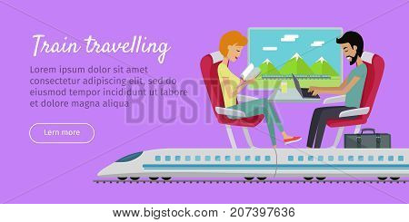 Train travelling conceptual web banner. Railway comfortable family journey. Young couple relaxing sitting in comfortable armchairs in express. Traveling by train concept. Vector in flat style design.