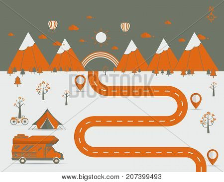 National mountain park camping scene with family trailer caravan . Campsite place landscape with RV traveler truck tentbike.Winding road in field and mountains. Rural street flat style. Flat linear landscape vector illustration.