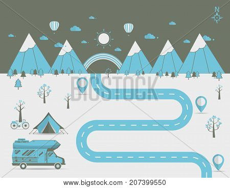 National mountain park camping scene with family trailer caravan . Campsite place landscape with RV traveler truck tentbike.Winding road in field and mountains. Rural street flat style. Flat linear landscape vector illustration.